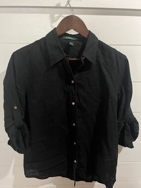 100% Linen Lauren Ralph Lauren Black Button-Front Roll-Sleeve Shirt